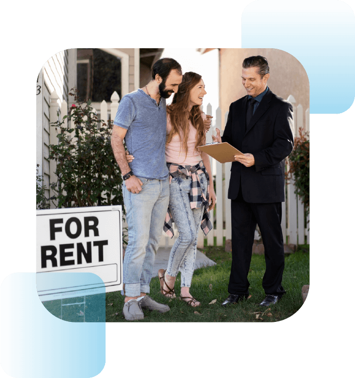 Young couple speaking with a real estate agent in front of a rental home in California.