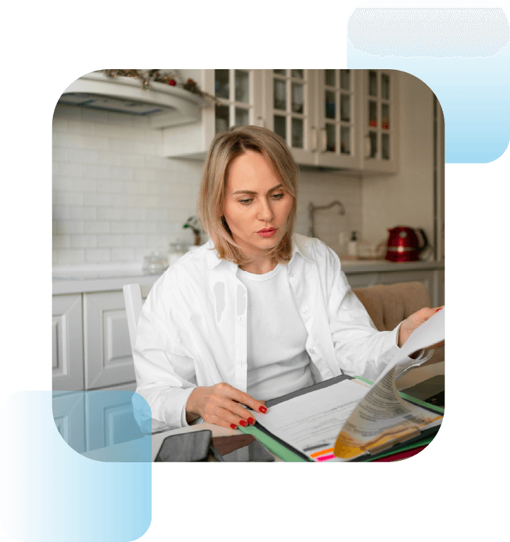Self-employed woman preparing mortgage paperwork.